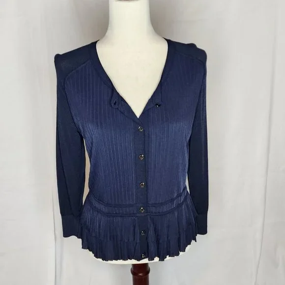 Oscar de la Renta Navy Button Front Ruffle Hem Cardigan Size: L - Picture 3 of 16